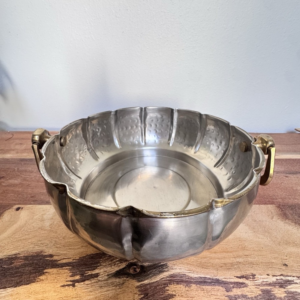 Vintage Solid Brass Decorative Centerpiece Bowl Silver Finish Ornate Handles 11"